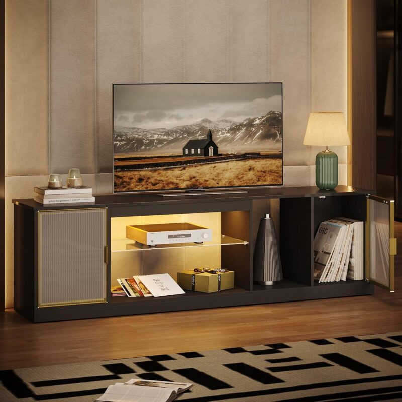 Bestier LED Gaming TV Stand for 60/70/80 inch TV, Entertainment Center with Cabinet for PS5, TV Console for Living Room Bedroom, Black - Image 2