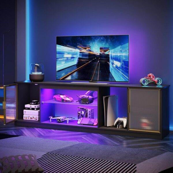 Bestier LED Gaming TV Stand for 60/70/80 inch TV, Entertainment Center with Cabinet for PS5, TV Console for Living Room Bedroom, Black