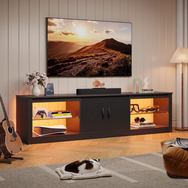 Bestier LED TV Stand for TVs up to 75  Entertainment Center for Living Room Carbon Fiber