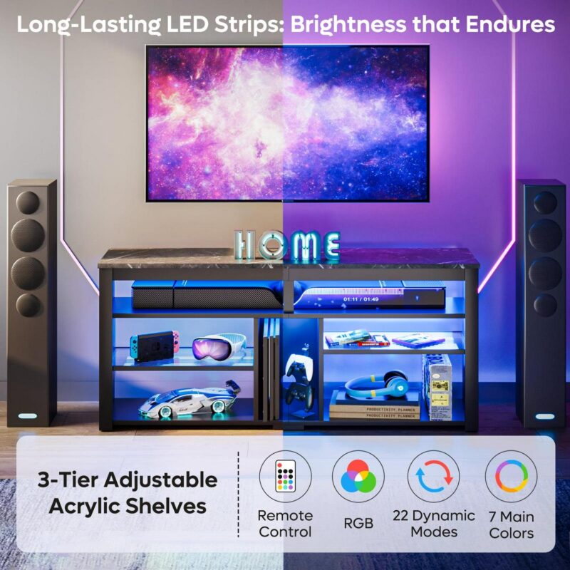 Bestier LED Tall TV Stand for TVs up to 65 , Entertainment Center with Storage, TV Console for Bedroom, Black Marble - Image 6