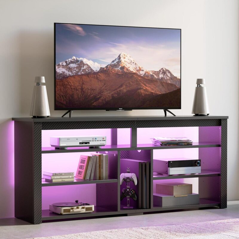 Bestier LED Tall TV Stand for TVs up to 65 , Gaming Entertainment Center with Storage, Shelf Adjustable TV Cabinet for Living Room, Carbon Fiber Black