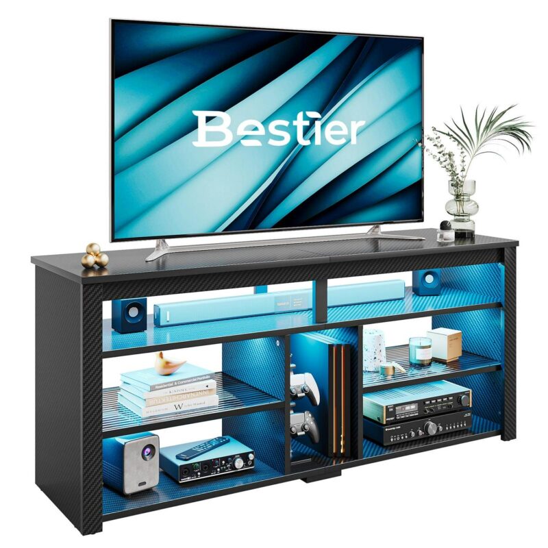 Bestier LED Tall TV Stand for TVs up to 65 , Gaming Entertainment Center with Storage, Shelf Adjustable TV Cabinet for Living Room, Carbon Fiber Black - Image 7