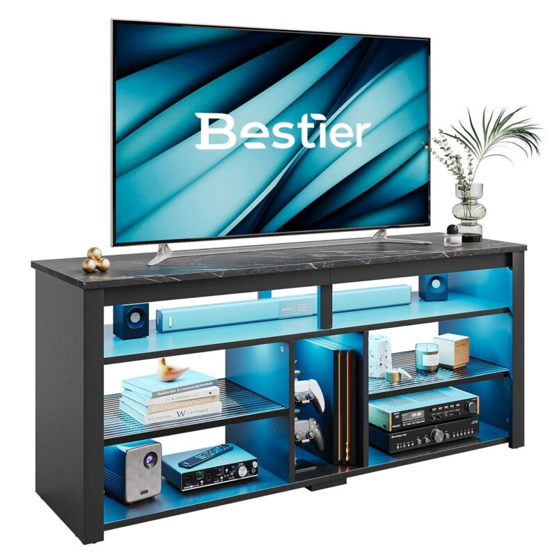Bestier LED Tall TV Stand for TVs up to 65 , Entertainment Center with Storage, TV Console for Bedroom, Black Marble - Image 9