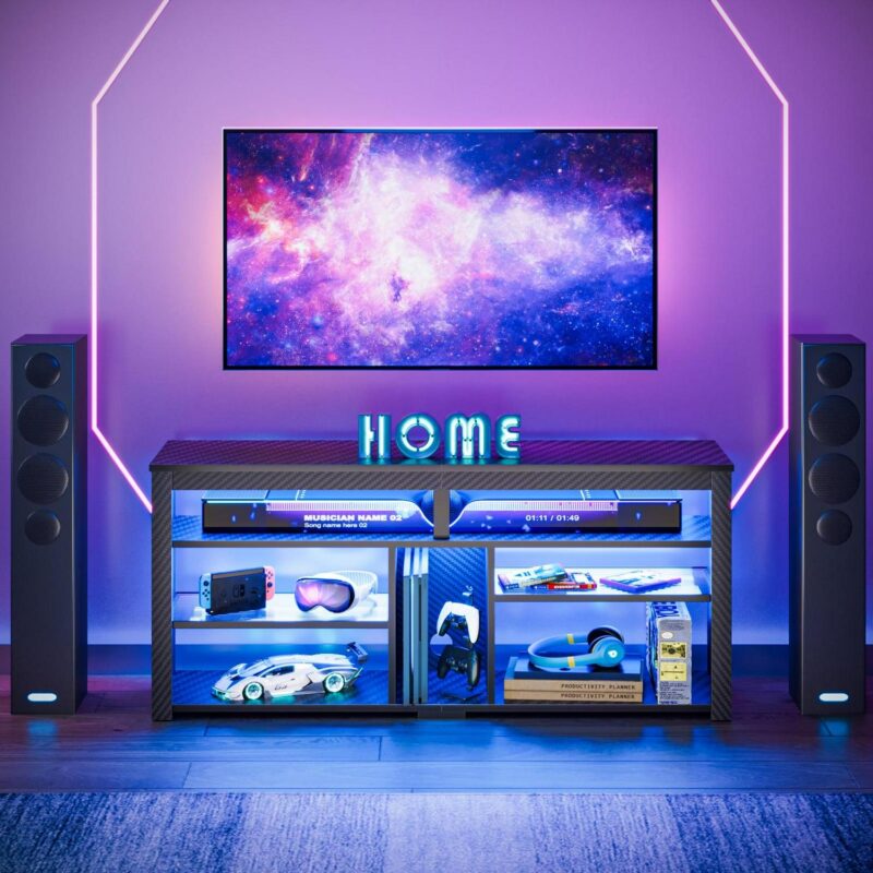 Bestier LED Tall TV Stand for TVs up to 65 , Gaming Entertainment Center with Storage, Shelf Adjustable TV Cabinet for Living Room, Carbon Fiber Black - Image 6
