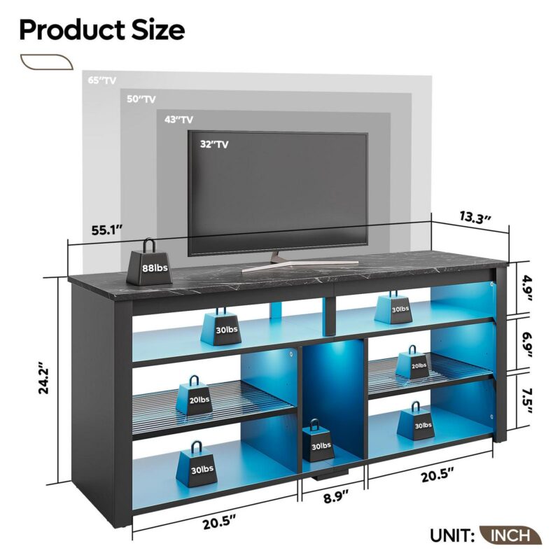 Bestier LED Tall TV Stand for TVs up to 65 , Entertainment Center with Storage, TV Console for Bedroom, Black Marble - Image 5