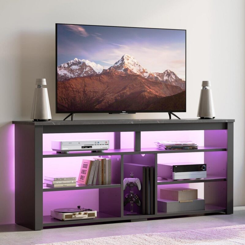 Bestier LED Tall TV Stand for TVs up to 65 , Entertainment Center with Storage, TV Console for Bedroom, Black Marble