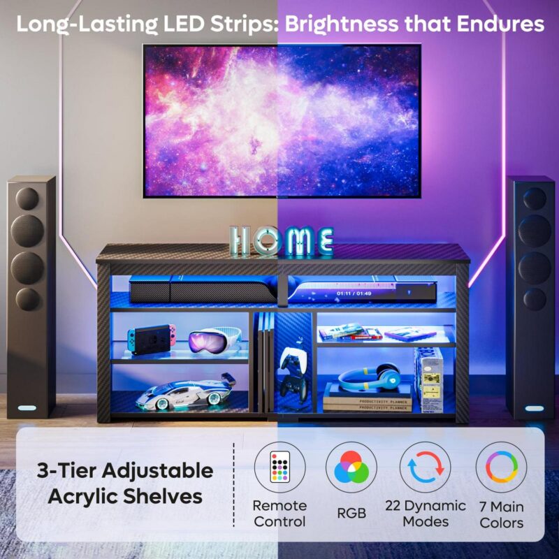 Bestier LED Tall TV Stand for TVs up to 65 , Gaming Entertainment Center with Storage, Shelf Adjustable TV Cabinet for Living Room, Carbon Fiber Black - Image 3