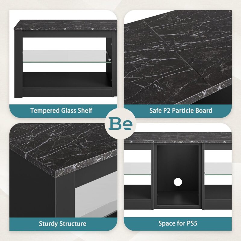 Bestier Modern TV Stand for 70  TV with Power Outlets, LED Entertainment Center for PS5, Black Marble - Image 5