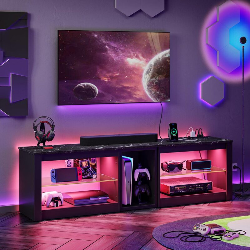 Bestier Modern TV Stand for 70  TV with Power Outlets, LED Entertainment Center for PS5, Black Marble - Image 4