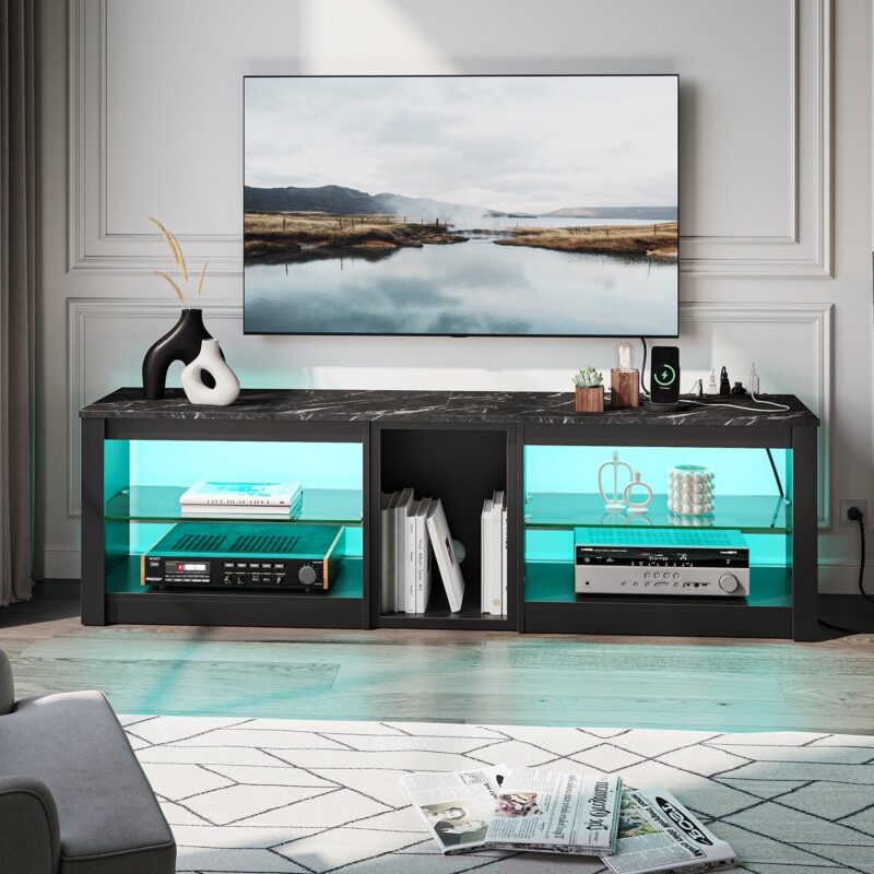 Bestier Modern TV Stand for 70  TV with Power Outlets, LED Entertainment Center for PS5, Black Marble - Image 8