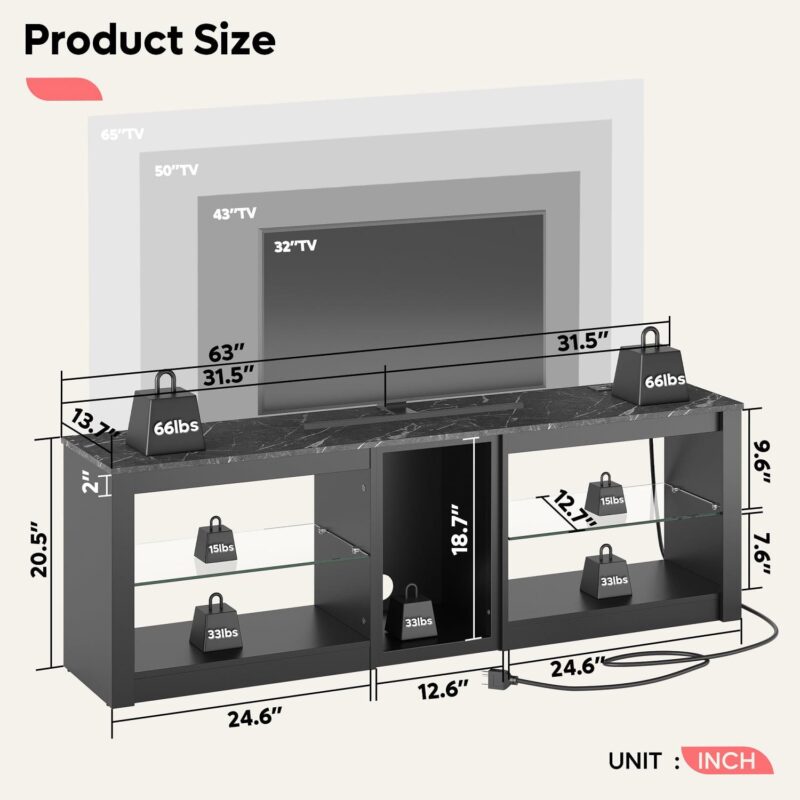Bestier Modern TV Stand for 70  TV with Power Outlets, LED Entertainment Center for PS5, Black Marble - Image 2