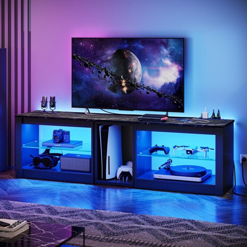 Bestier Modern TV Stand for 70  TV with Power Outlets, LED Entertainment Center for PS5, Black Marble