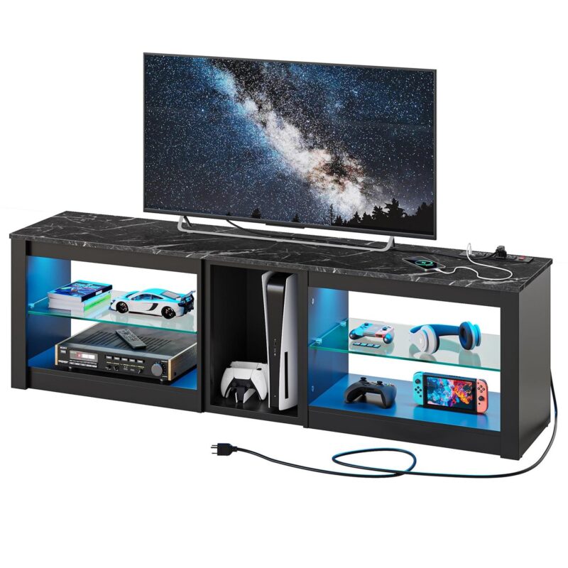 Bestier Modern TV Stand for 70  TV with Power Outlets, LED Entertainment Center for PS5, Black Marble - Image 6