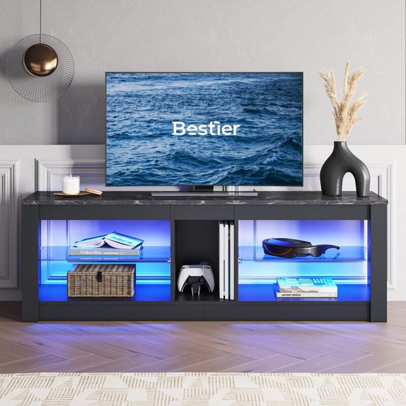 Bestier RGB TV Stand for TVs up to 60  with LED Lights Entertainment Center Black - Image 7