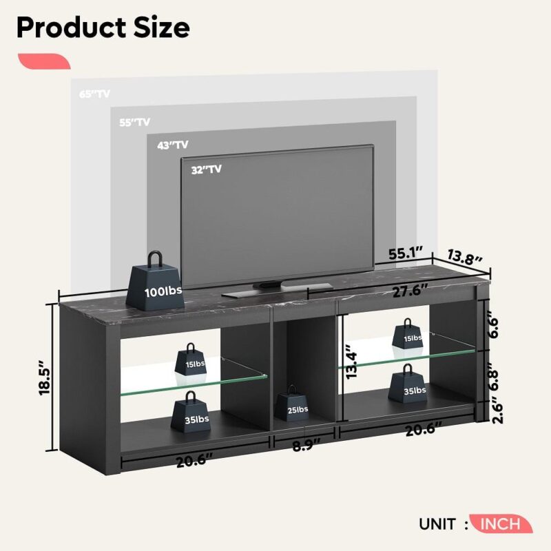 Bestier RGB TV Stand for TVs up to 60  with LED Lights Entertainment Center Black - Image 5
