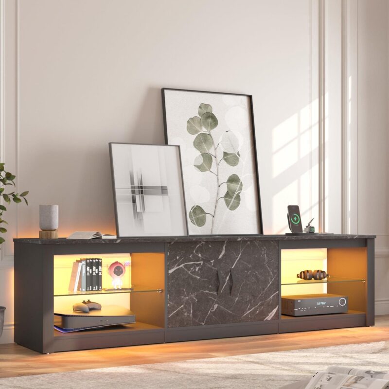 Bestier TV Stand for TVs up to 75  with LED Lights and Power Outlet, Entertainment Center with Storage Cabinet, Black Marble - Image 10