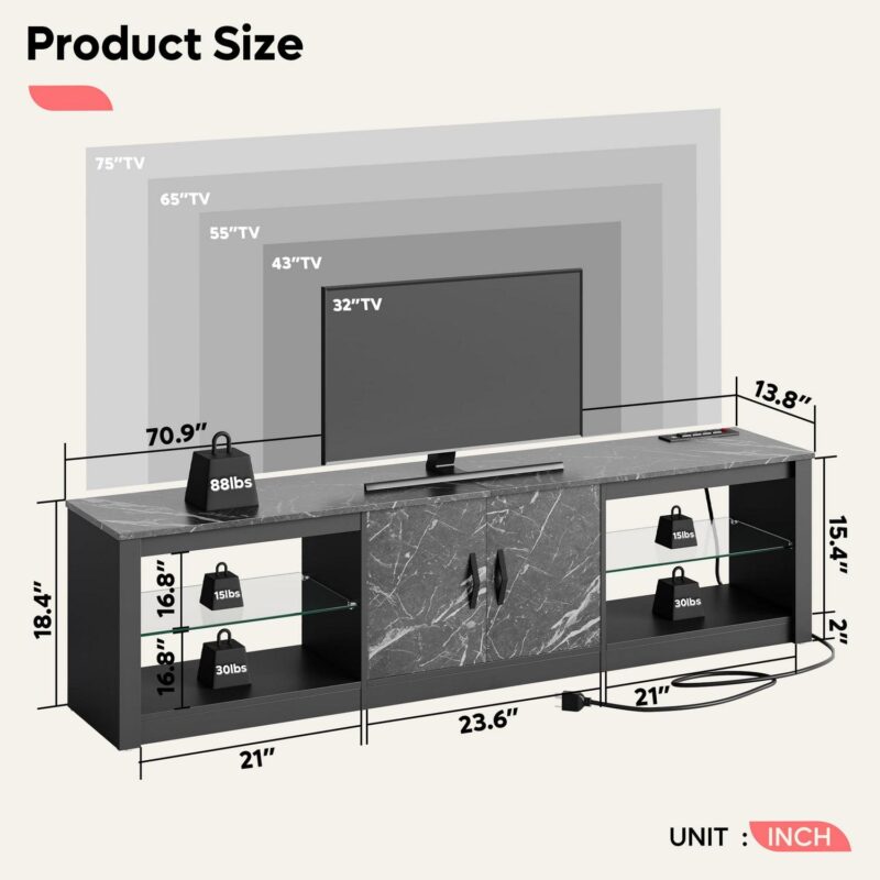 Bestier TV Stand for TVs up to 75  with LED Lights and Power Outlet, Entertainment Center with Storage Cabinet, Black Marble - Image 9