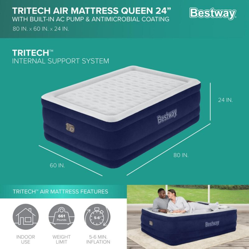 Bestway Tritech Air Mattress Queen 24  with Built-in AC Pump Included and Antimicrobial Coating - Image 2