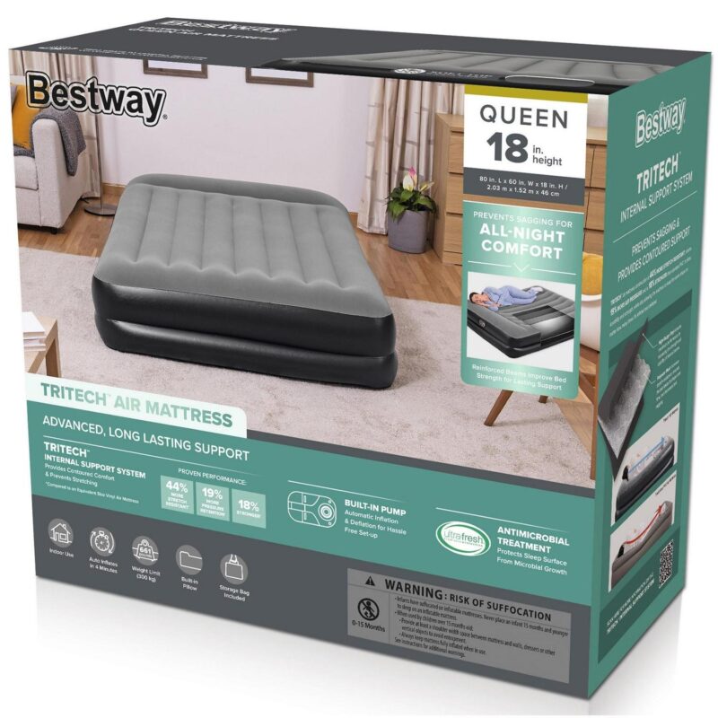 Bestway: Tritech Queen 18  Air Mattress - Built-in AC Pump, Auto Inflation and Deflation, Firm Comfort Level, Antimicrobial, 2 Person Weight Capacity 661 lbs. - Image 2
