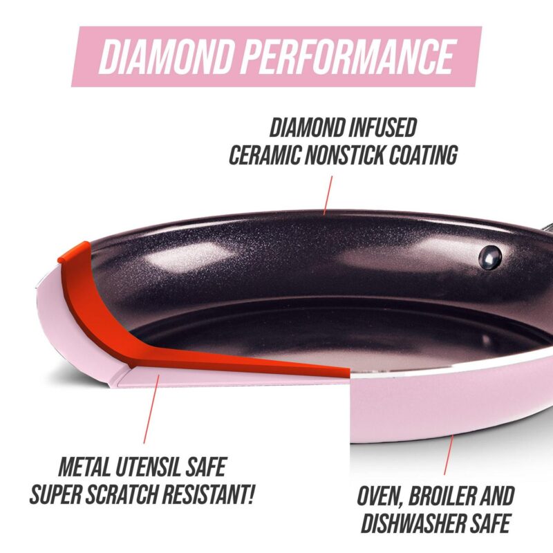 Blue Diamond Toxin-Free Ceramic and Dishwasher Safe 12-Piece Pots and Pans Cookware Set, Pink - Image 3