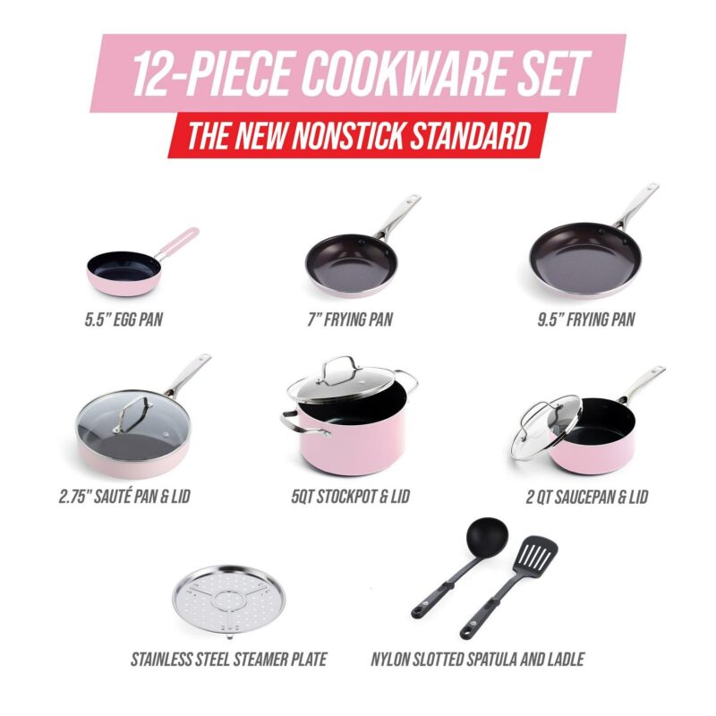Blue Diamond Toxin-Free Ceramic and Dishwasher Safe 12-Piece Pots and Pans Cookware Set, Pink - Image 6