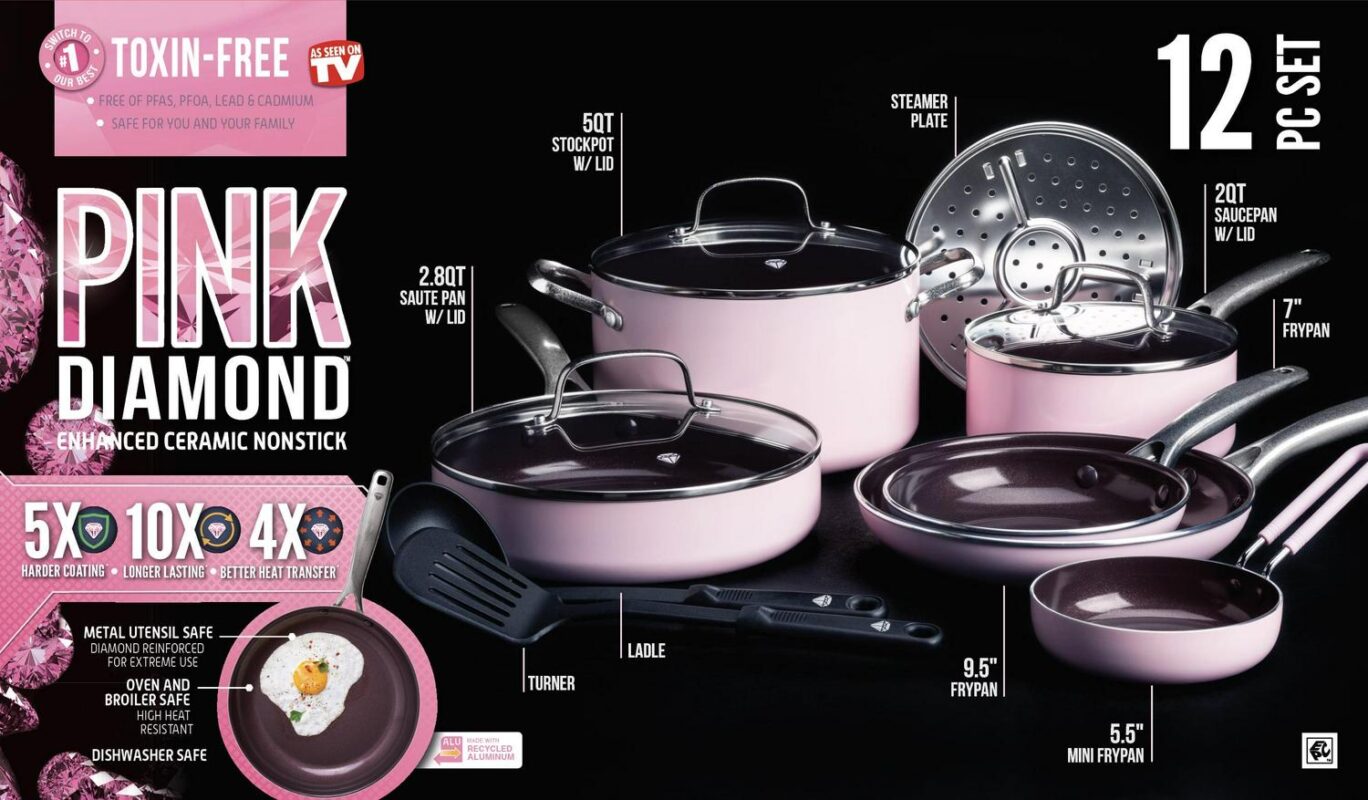 Blue Diamond Toxin-Free Ceramic and Dishwasher Safe 12-Piece Pots and Pans Cookware Set, Pink - Image 10