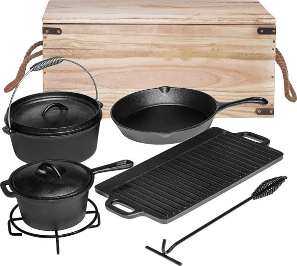 Bruntmor Camping Cooking Set Of 7 - Pre Seasoned Cast Iron Pots, Pans, and Dutch Ovens with Lids for Outdoor Campfire Cooking - Skillet Grill Cookware Set with Storage Box