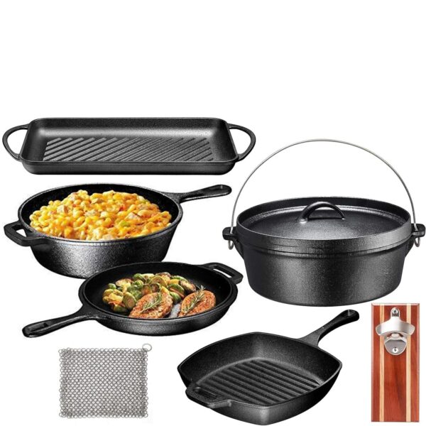 Bruntmor Pre-Seasoned 7pc Cast Iron Cookware Set w/Multi Cooker, Grill Pan, Dutch Oven