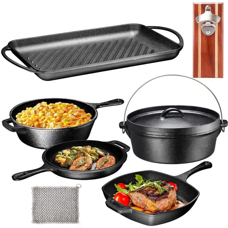 Bruntmor Pre-Seasoned 7pc Cast Iron Cookware Set w/Multi Cooker, Grill Pan, Dutch Oven - Image 2