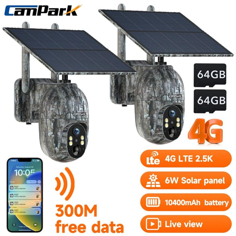 CAMPARK 2 Pack 4G LTE Cellular Trail Camera Wireless, Solar Game Camera with 360A Pan 90A Tilt, 2.5K HD Night Vision Motion Activated, Waterproof IP66, Hunting Security Camera with SIM&SD Card, NO WiFi