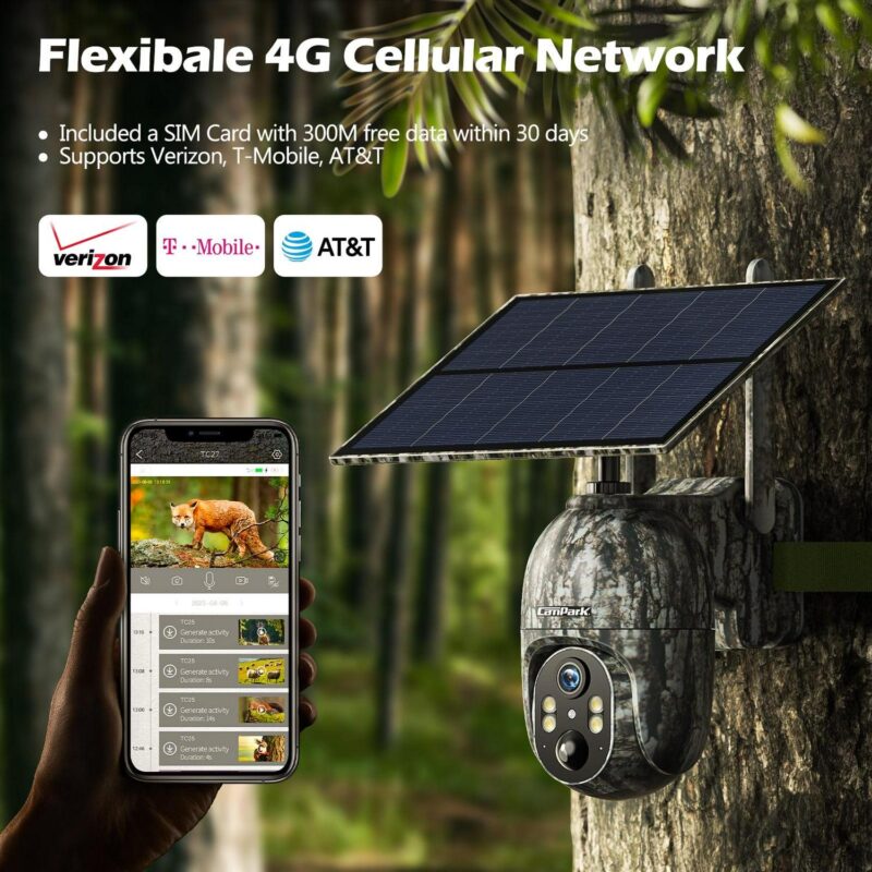 CAMPARK 2 Pack 4G LTE Cellular Trail Camera Wireless, Solar Game Camera with 360A Pan 90A Tilt, 2.5K HD Night Vision Motion Activated, Waterproof IP66, Hunting Security Camera with SIM&SD Card, NO WiFi - Image 9