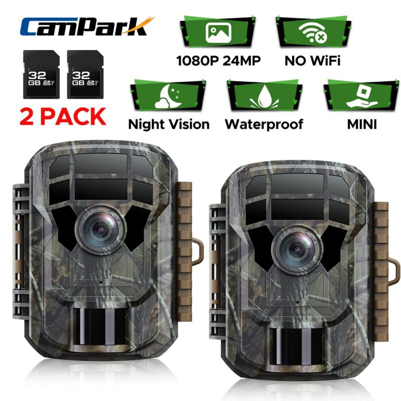 CAMPARK 2 Pack Trail Camera with SD Card 24MP 1080P Game Hunting Deer Camera Night Vision Activated