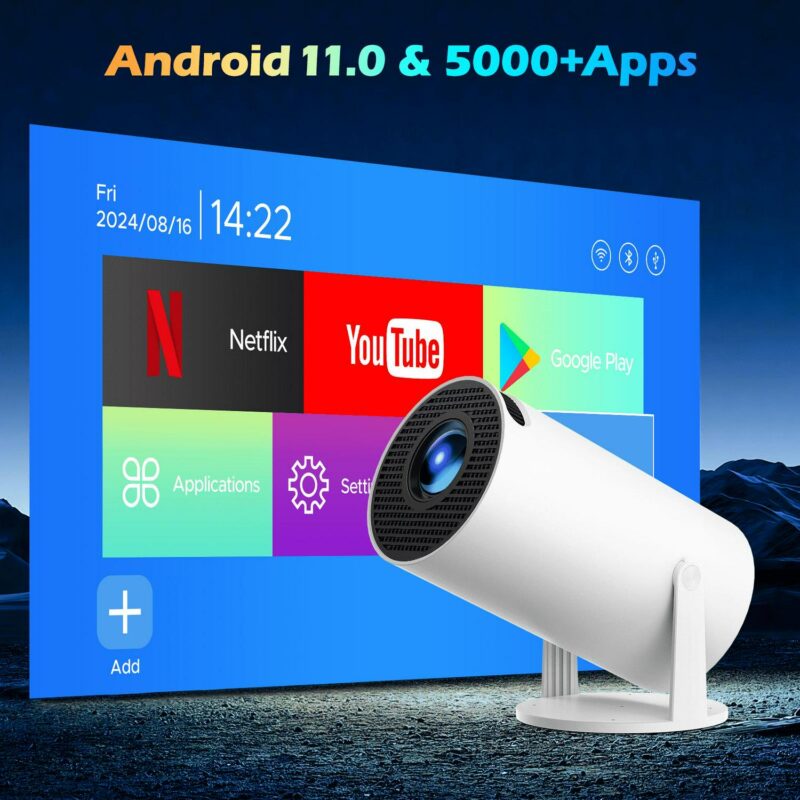 CAMPARK Auto Keystone Mini Portable Projector, 4K/260 ANSI Smart Projector with WiFi 6 BT 5.0, Screen Adjustment, 270 Degree Rotation, Home Video Projector Built-in Android 11.0 OS, White - Image 7