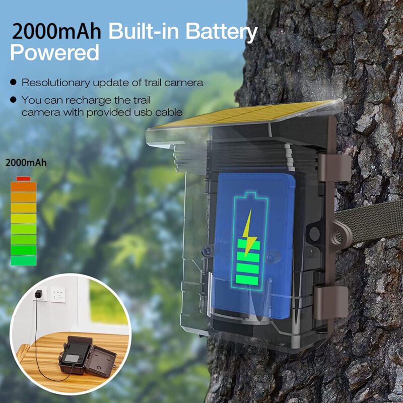 CAMPARK Solar Powered Trail Camera 48MP 4K Hunting Game Camera with Night Vision Motion Activated Waterproof IP66 Loop Recording 0.1s Trigger Time Deer Trail Cam Built-in 2000mAh Battery - Image 3