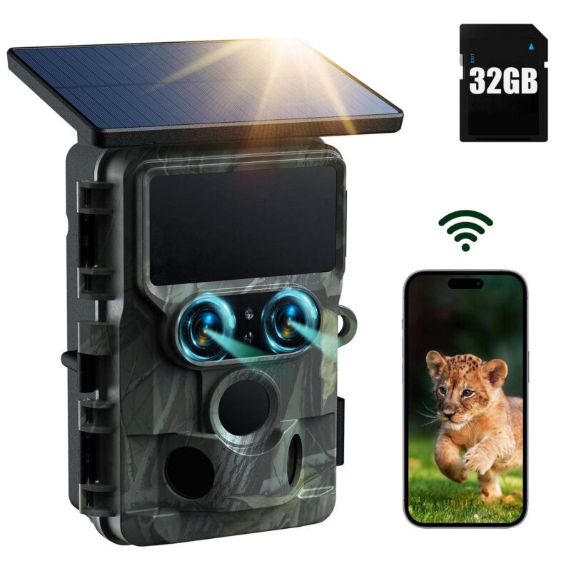 CAMPARK Solar Powered Trail Camera WiFi Bluetooth 60MP 4K UHD Dual Lens Starlight Night Vision IMX458 Sensors 0.1s Motion Activated IP66 Waterproof 2.4 LCD Game Hunting Camera with SD Card