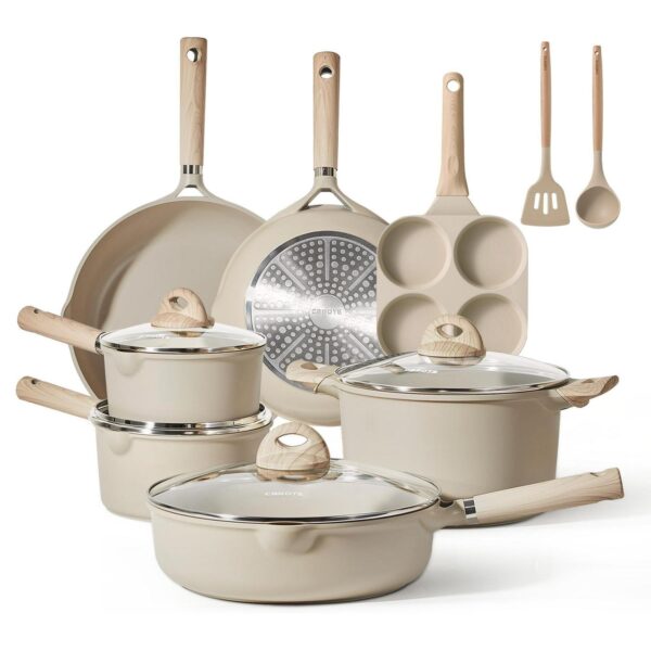 Carote 13 Pcs Nonstick Cookware Sets, Granite Non Stick Pots and Pans Set, Taupe