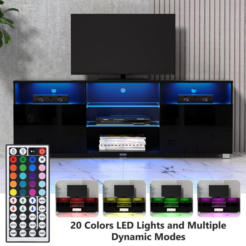 ChVans LED TV Stand for 65 inch TV, High Glass Modern Entertainment Center with LED Lights and Glossy Cabinets - Image 2