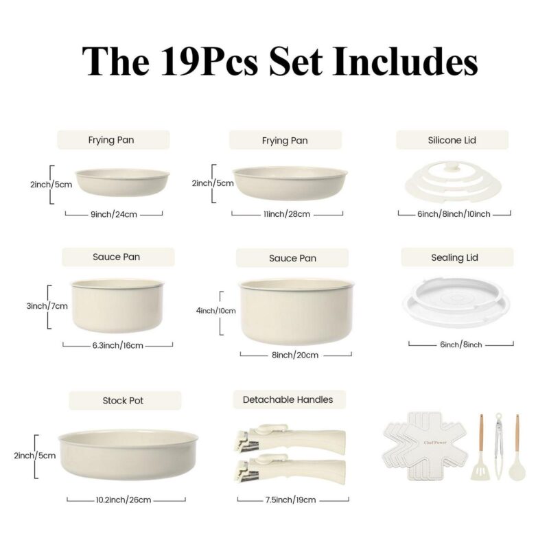 Chef Power 19pcs Pots and Pans Set, Nonstick Cookware Set, Ceramic Pan, Detachable Handle, RV Cookware Set, Induction Pan, Dishwasher, Oven Safe, Cream White - Image 4