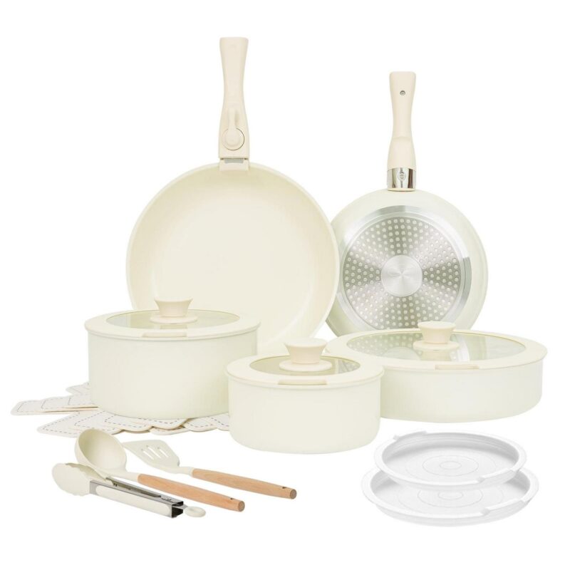 Chef Power 19pcs Pots and Pans Set, Nonstick Cookware Set, Ceramic Pan, Detachable Handle, RV Cookware Set, Induction Pan, Dishwasher, Oven Safe, Cream White - Image 2
