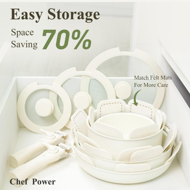 Chef Power 19pcs Pots and Pans Set, Nonstick Cookware Set, Ceramic Pan, Detachable Handle, RV Cookware Set, Induction Pan, Dishwasher, Oven Safe, Cream White - Image 3