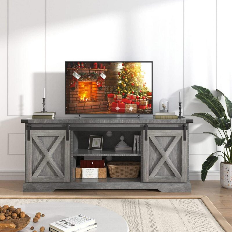 Chvans Farmhouse Barn Door TV Stand for up to 65  TVs and 23  Electric Fireplace, Entertainment Center Console Table with Adjustable Shevles(58 ) - Image 11