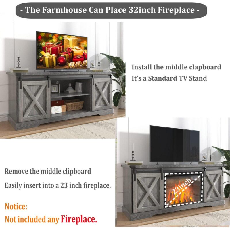 Chvans Farmhouse Barn Door TV Stand for up to 65  TVs and 23  Electric Fireplace, Entertainment Center Console Table with Adjustable Shevles(58 ) - Image 2