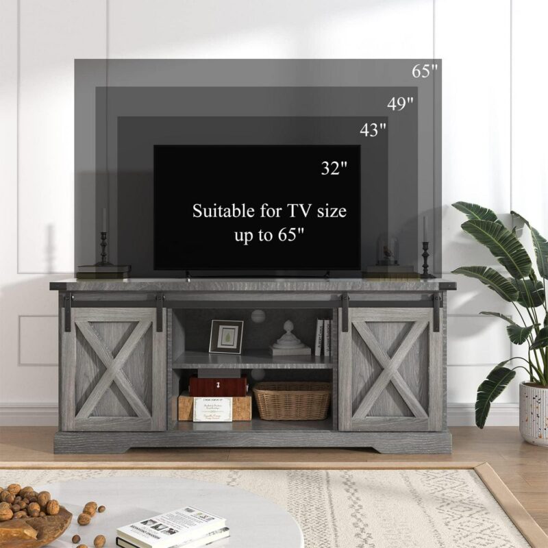 Chvans Farmhouse Barn Door TV Stand for up to 65  TVs and 23  Electric Fireplace, Entertainment Center Console Table with Adjustable Shevles(58 ) - Image 5