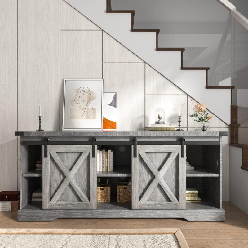 Chvans Farmhouse Barn Door TV Stand for up to 65  TVs and 23  Electric Fireplace, Entertainment Center Console Table with Adjustable Shevles(58 ) - Image 6