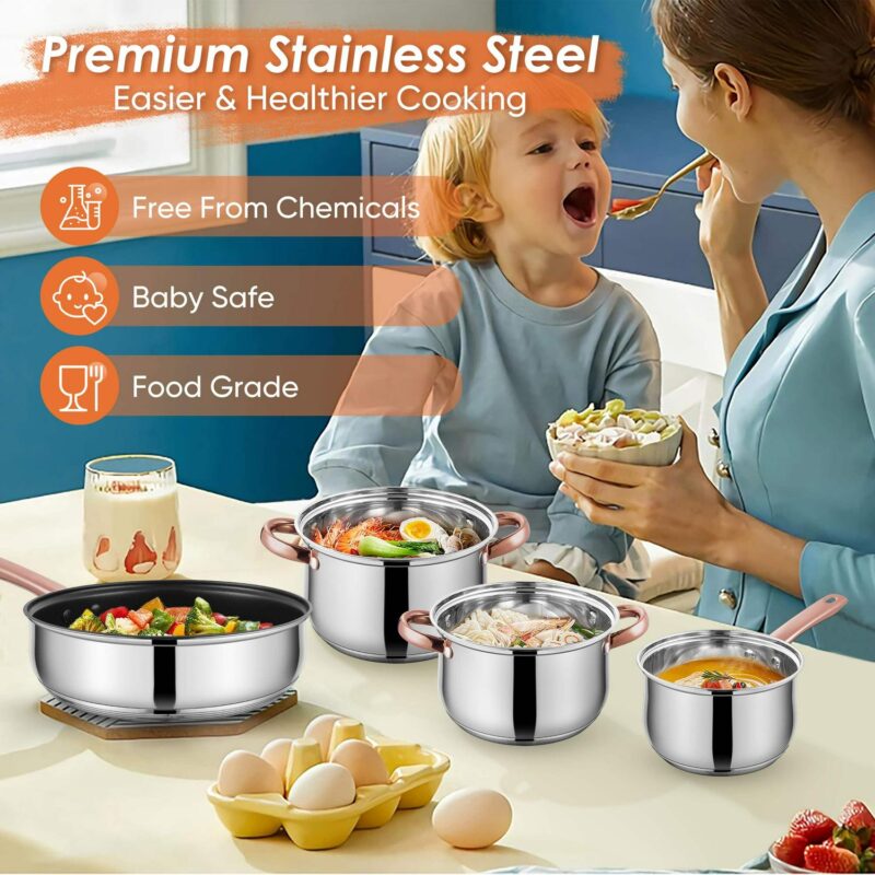 Coliware Rose Gold Pots and Pans Set, 5Pcs Stainless Steel Cookware Sets with Stock Pots Saucepans Frying Pans, Non-Stick Commercial Cooking Set Compatible with All Stovetops, Dishwasher Safe - Image 3