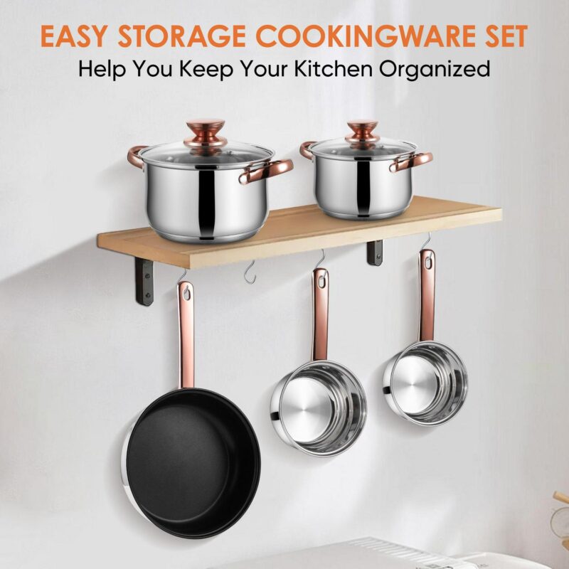 Coliware Rose Gold Pots and Pans Set, 5Pcs Stainless Steel Cookware Sets with Stock Pots Saucepans Frying Pans, Non-Stick Commercial Cooking Set Compatible with All Stovetops, Dishwasher Safe - Image 8