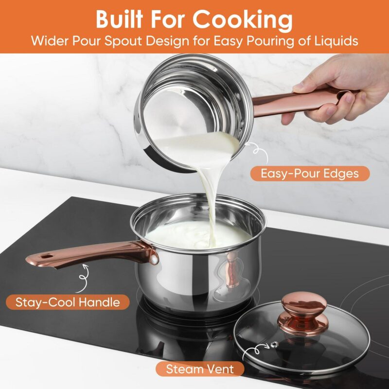 Coliware Rose Gold Pots and Pans Set, 5Pcs Stainless Steel Cookware Sets with Stock Pots Saucepans Frying Pans, Non-Stick Commercial Cooking Set Compatible with All Stovetops, Dishwasher Safe - Image 6
