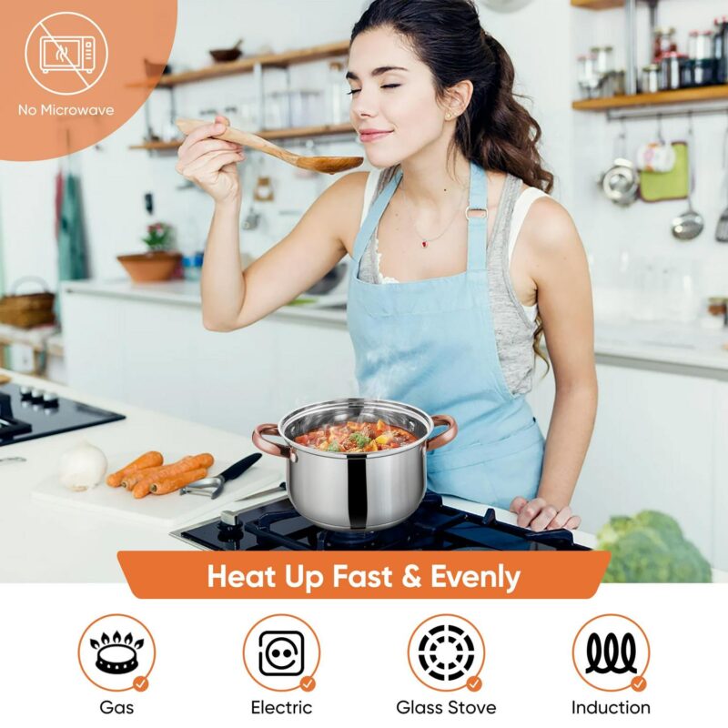 Coliware Rose Gold Pots and Pans Set, 5Pcs Stainless Steel Cookware Sets with Stock Pots Saucepans Frying Pans, Non-Stick Commercial Cooking Set Compatible with All Stovetops, Dishwasher Safe - Image 7
