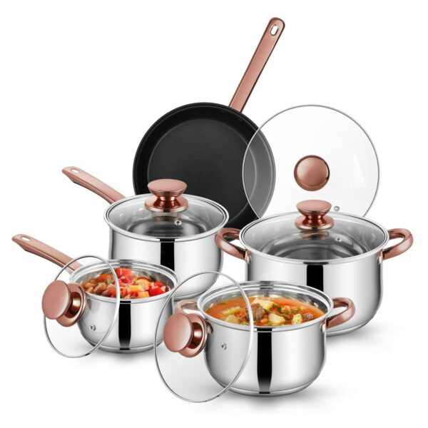 Coliware Rose Gold Pots and Pans Set, 5Pcs Stainless Steel Cookware Sets with Stock Pots Saucepans Frying Pans, Non-Stick Commercial Cooking Set Compatible with All Stovetops, Dishwasher Safe