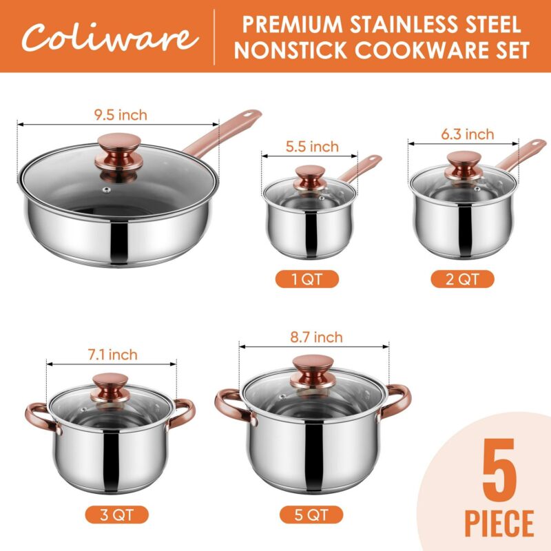 Coliware Rose Gold Pots and Pans Set, 5Pcs Stainless Steel Cookware Sets with Stock Pots Saucepans Frying Pans, Non-Stick Commercial Cooking Set Compatible with All Stovetops, Dishwasher Safe - Image 2